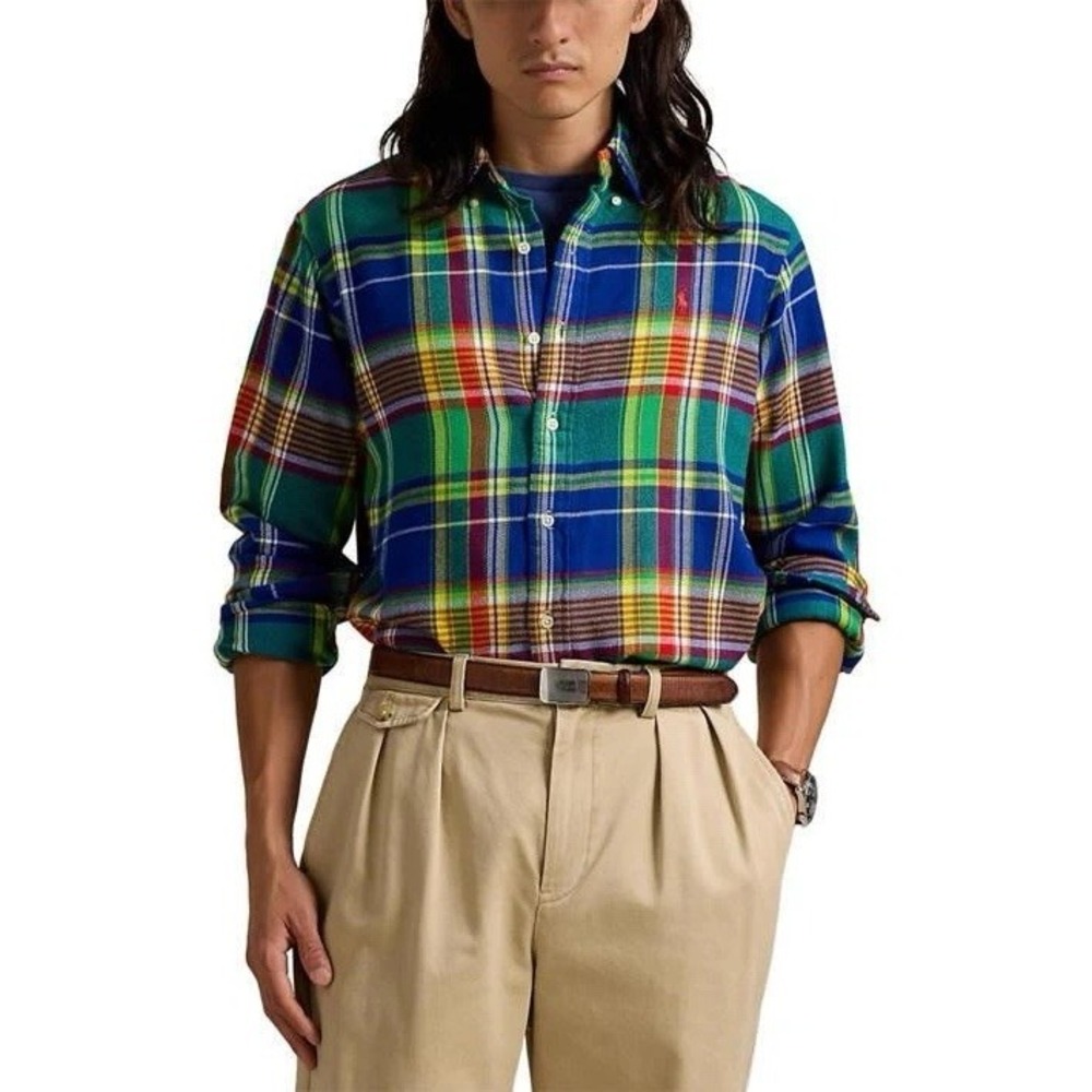 Polo Ralph Lauren Green/Blue Multi Plaid Flannel Button Down Shirt Size S Preppy